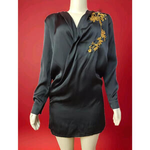MISSGUIDED Artsy Wrap Satin Black Gold Embroidered Women's Size 4 Mini Dress #W1
